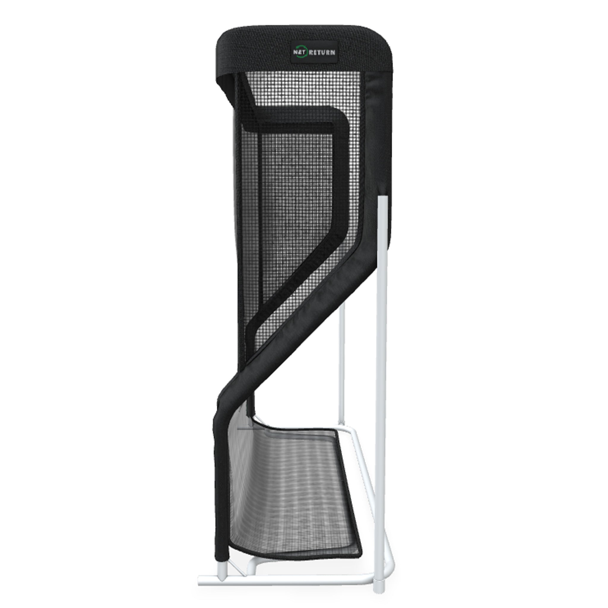 A black and white golf ball return net system with a rectangular base and vertical mesh structure.