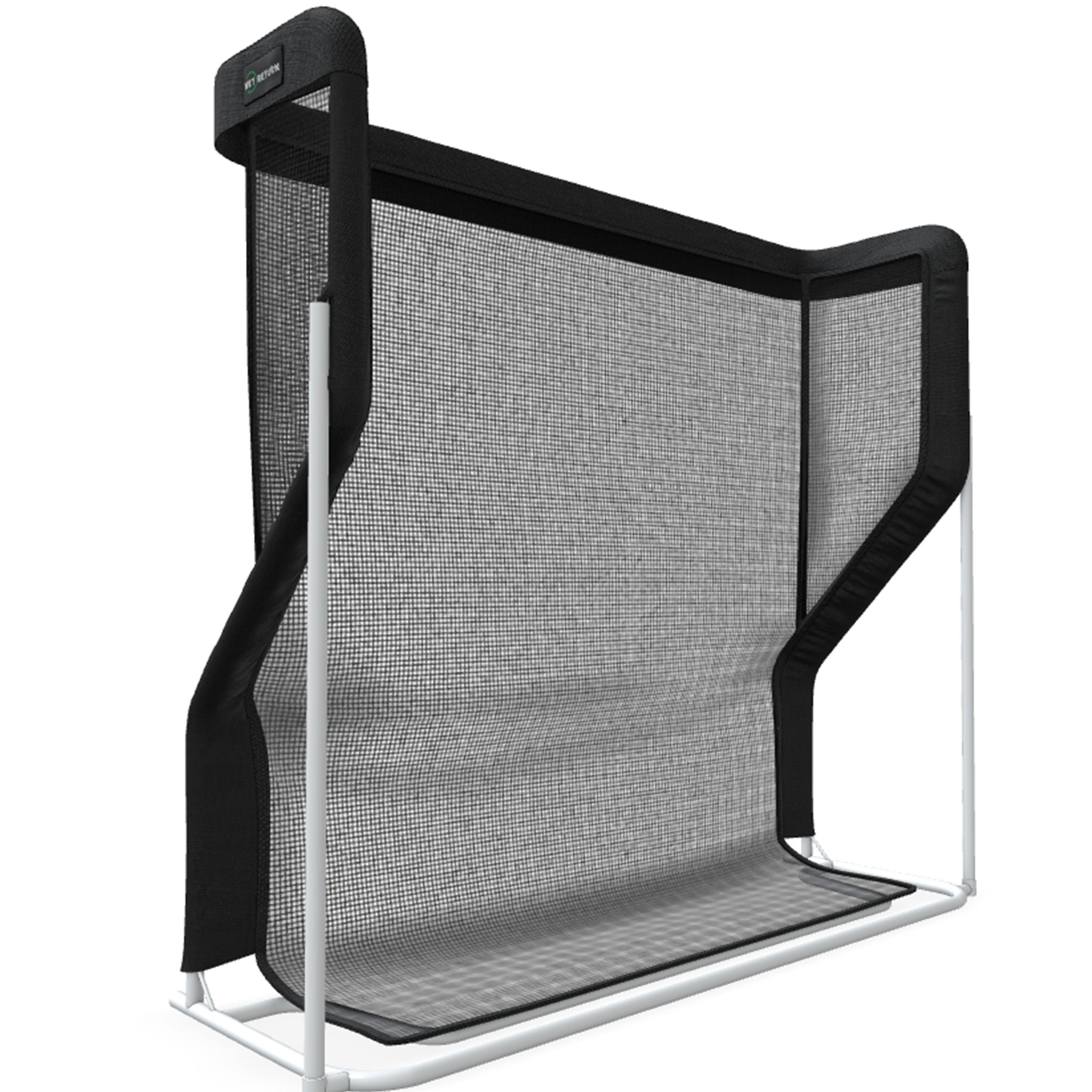 Black golf practice net with a sturdy frame featuring an angled design and a mesh screen.
