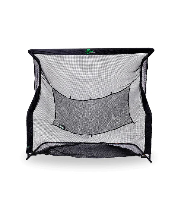 A black sports practice net with a target area, designed to catch balls, set up on a white background.