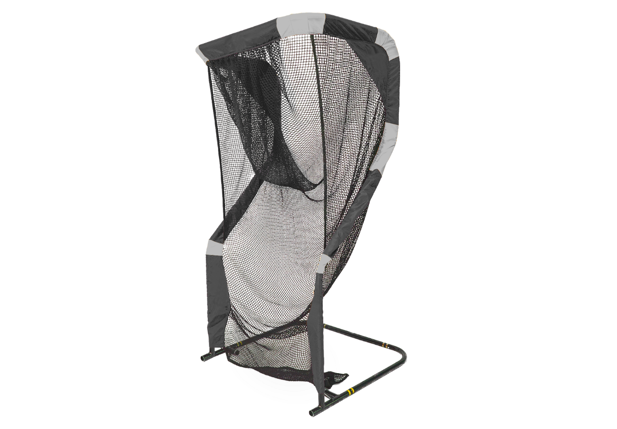 Portable golf practice net with a sturdy frame and black netting. Designed to catch and contain golf balls during practice sessions.