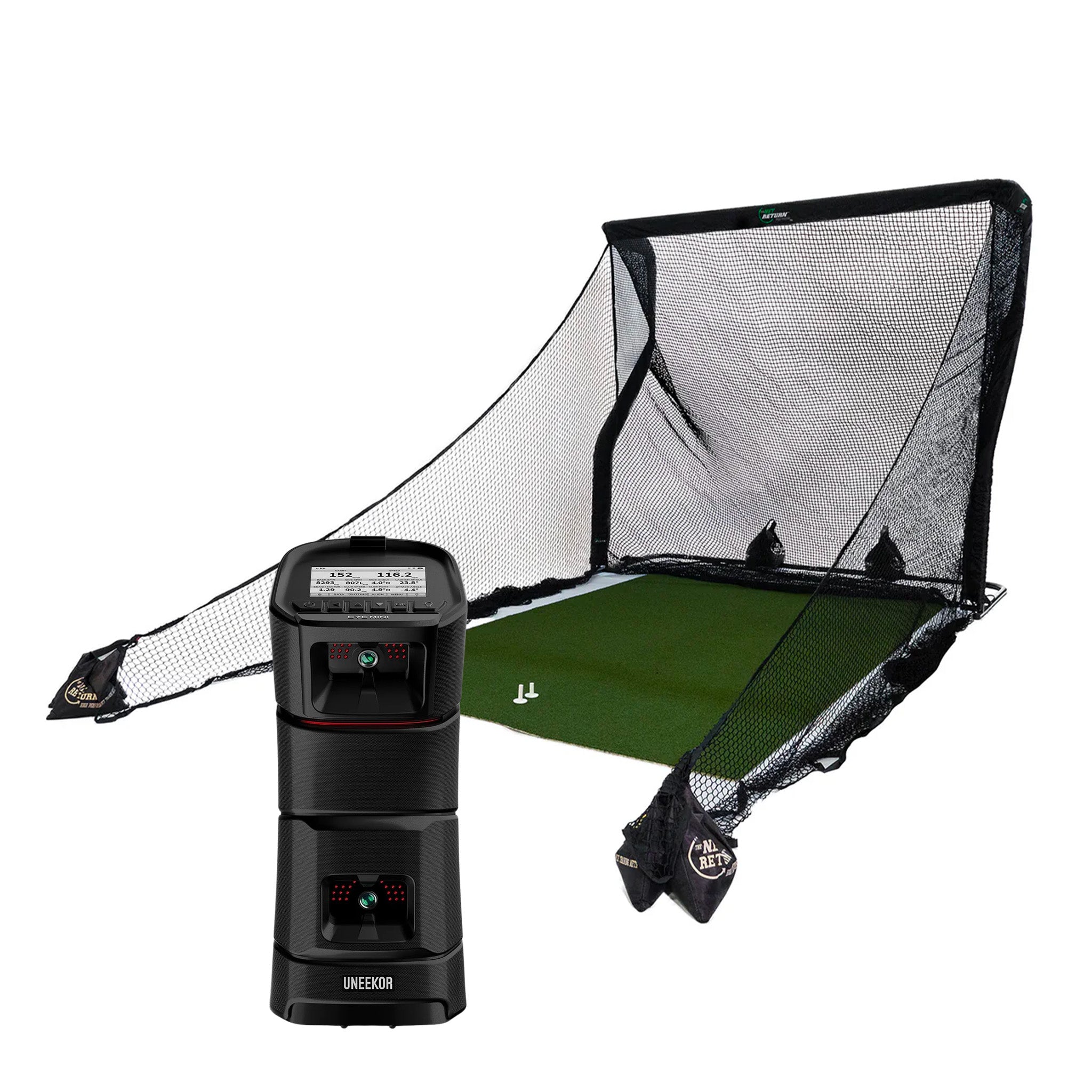 A golf practice net setup with a ball return feature is shown. A digital pitching machine is positioned in front of the net.