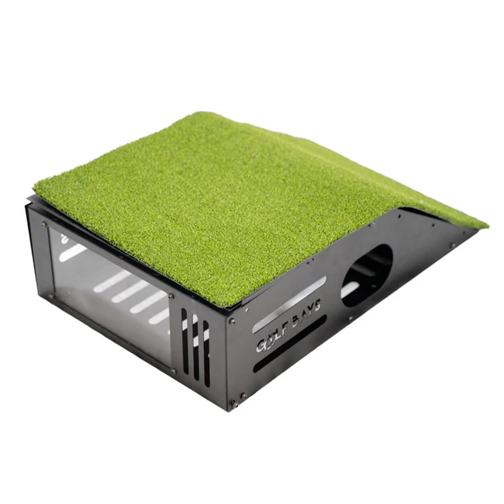 Enhance your indoor golf simulator setup with the Floor Mounted Projector Case from Golf Bays, designed for an immersive experience with a sloped, artificial grass surface on a sturdy metal frame.