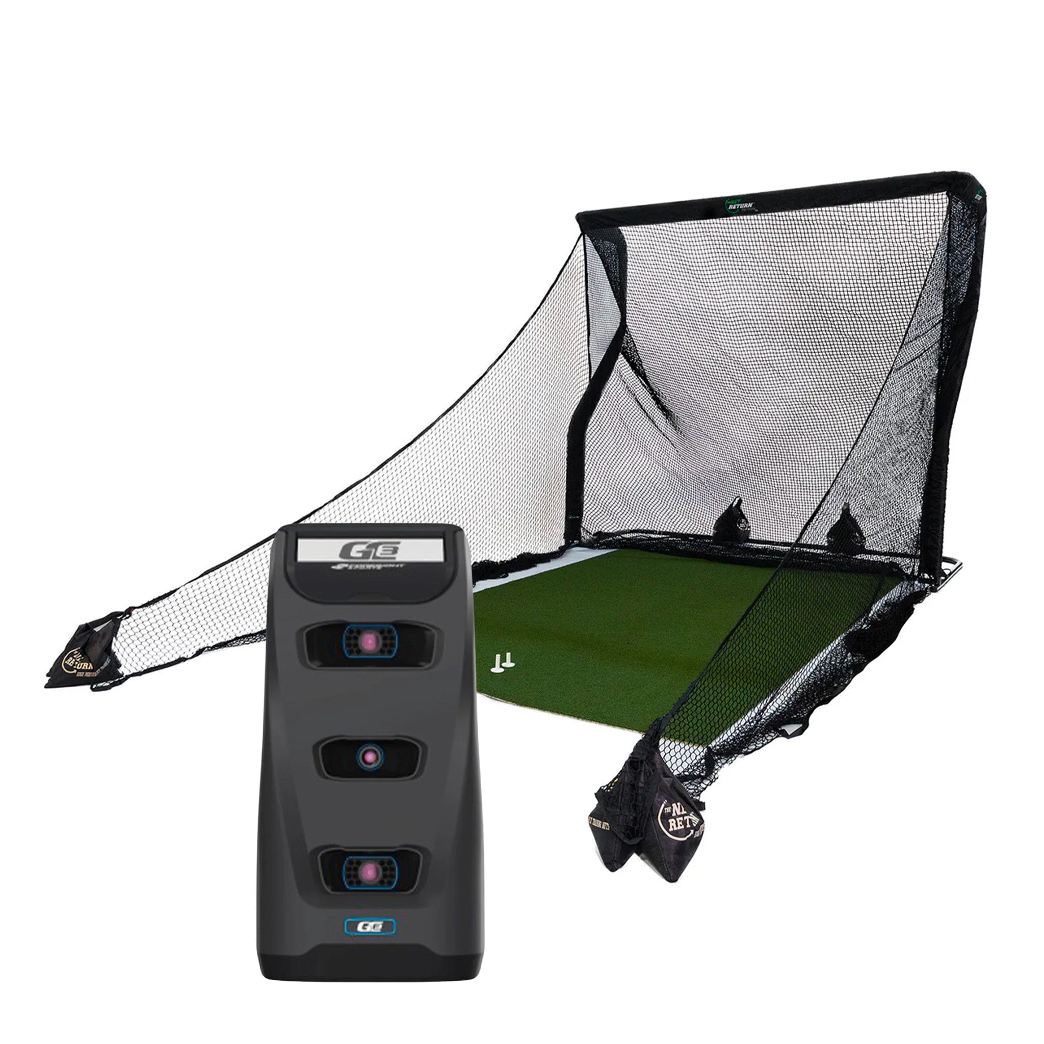 Golf simulator setup with a green mat, net enclosure, and a black launch monitor featuring three sensors.