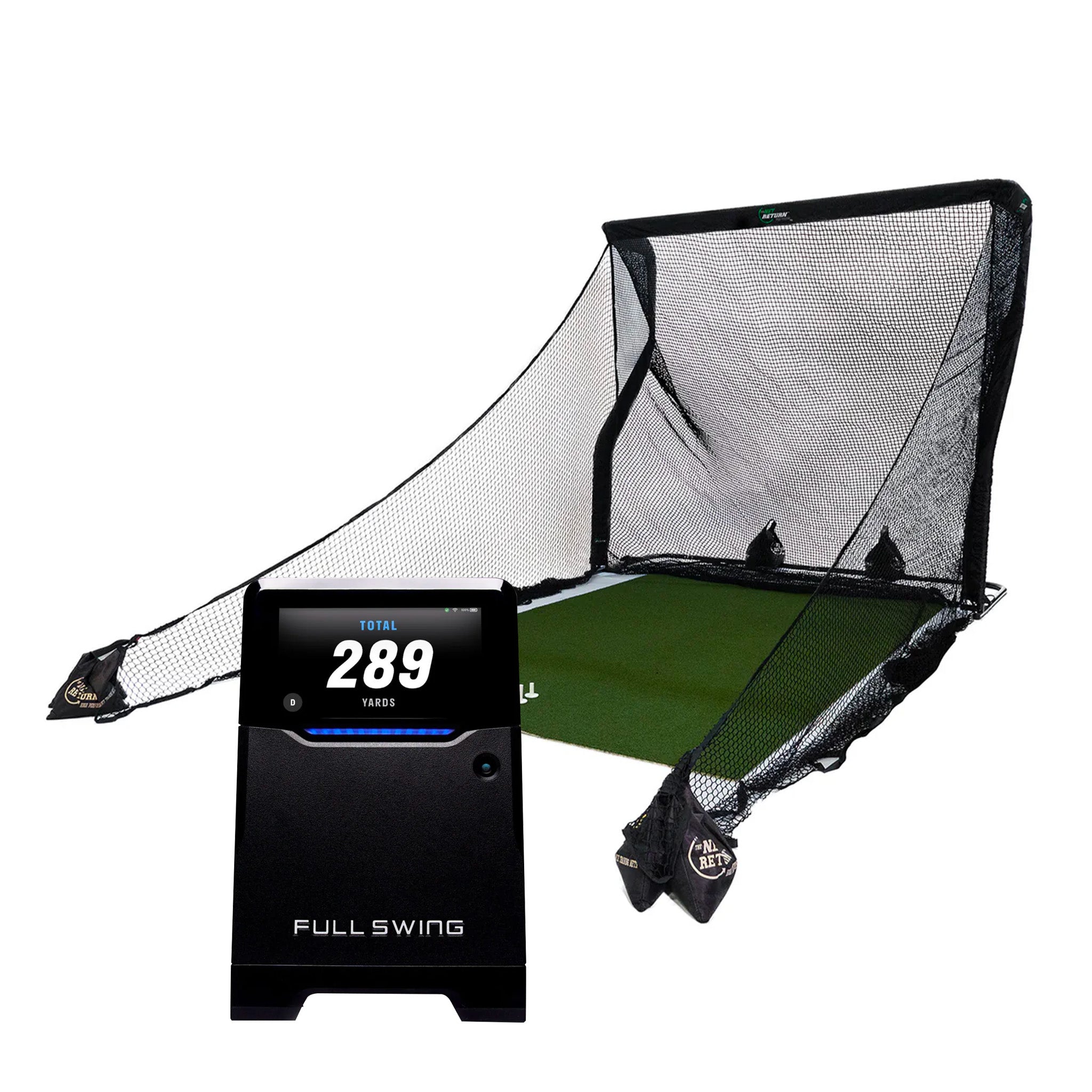 Golf simulator setup with a net, mat, and a digital screen displaying a distance of 289 yards.