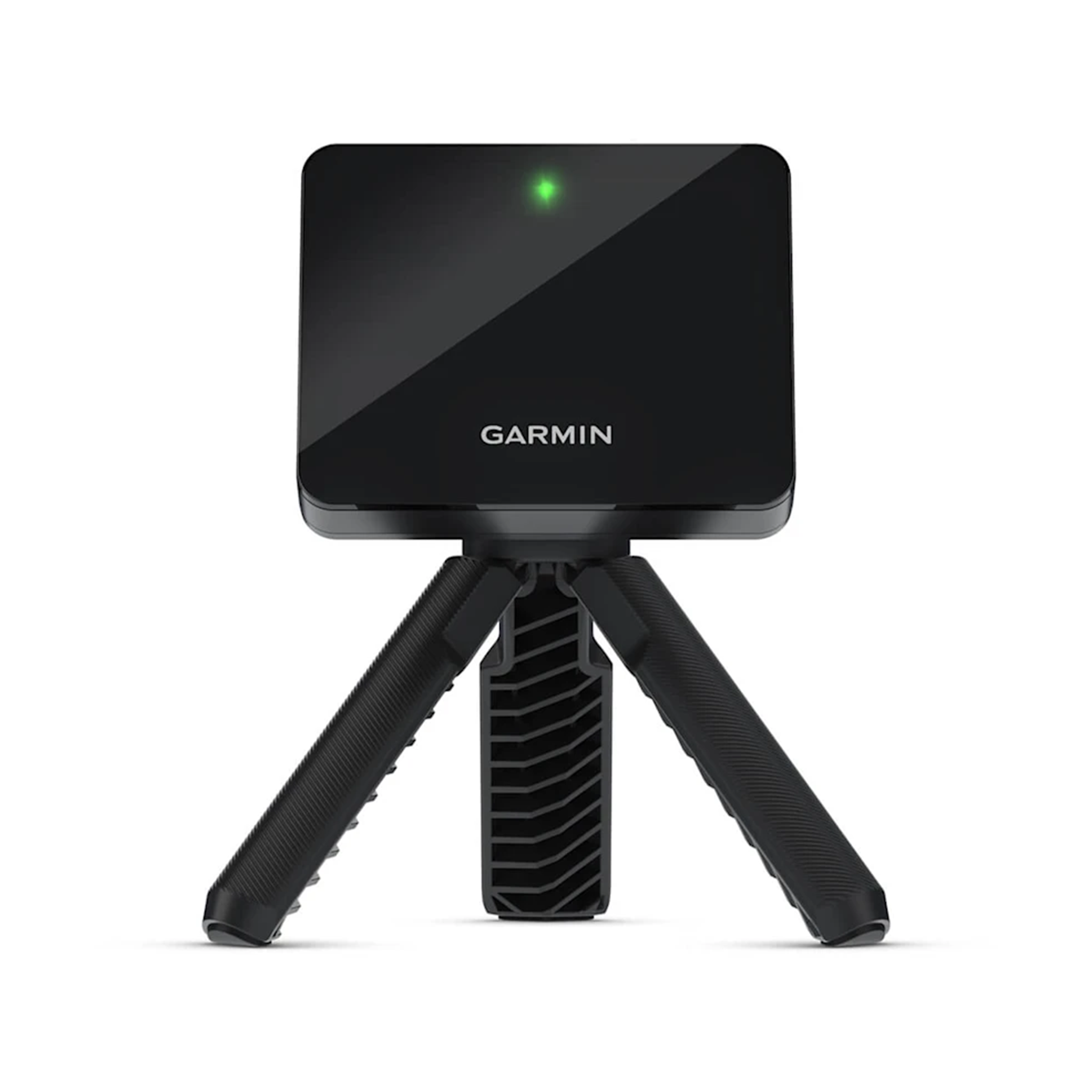 A black Uneekor Garmin Approach R10 portable launch monitor with a green indicator light is mounted on a compact tripod with textured legs, shown against a plain white background—ideal for practice at the driving range.