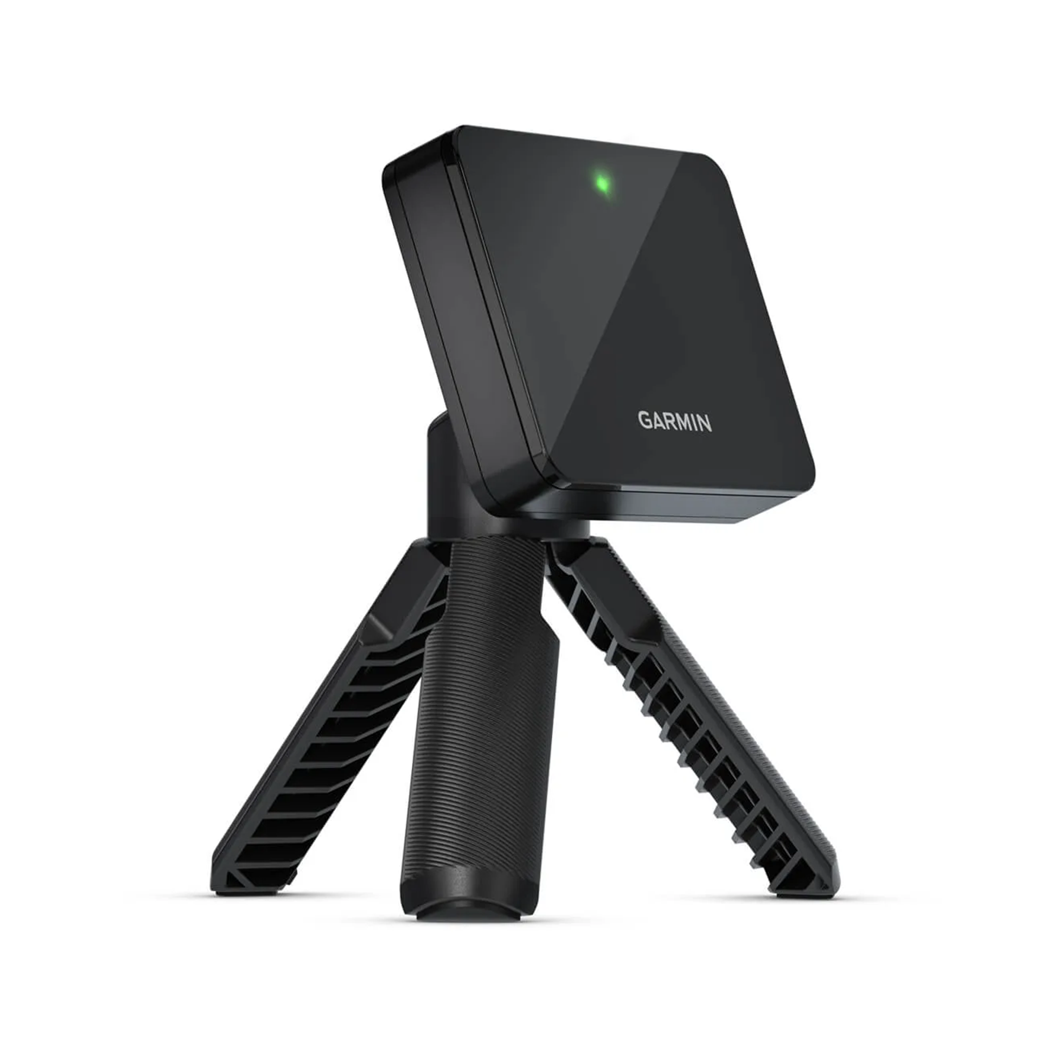 The Uneekor Garmin Approach R10 portable launch monitor with a glowing green indicator light sits on a foldable tripod against a white background, ideal for driving range practice.