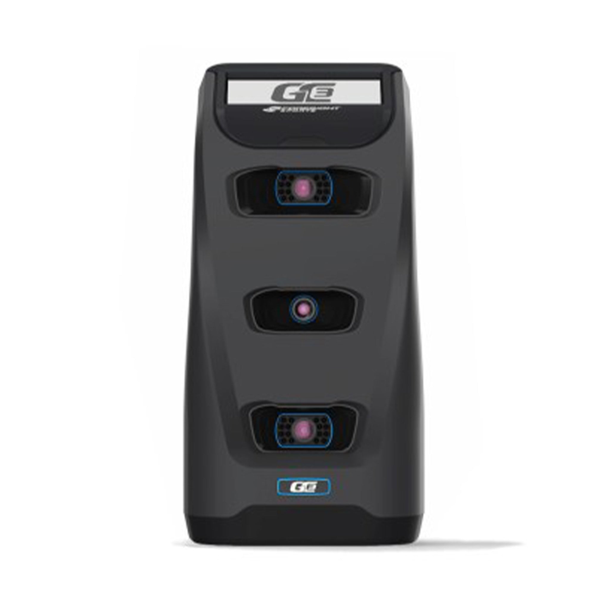 A black electronic device with three circular lenses and a display panel on top, labeled "GE.