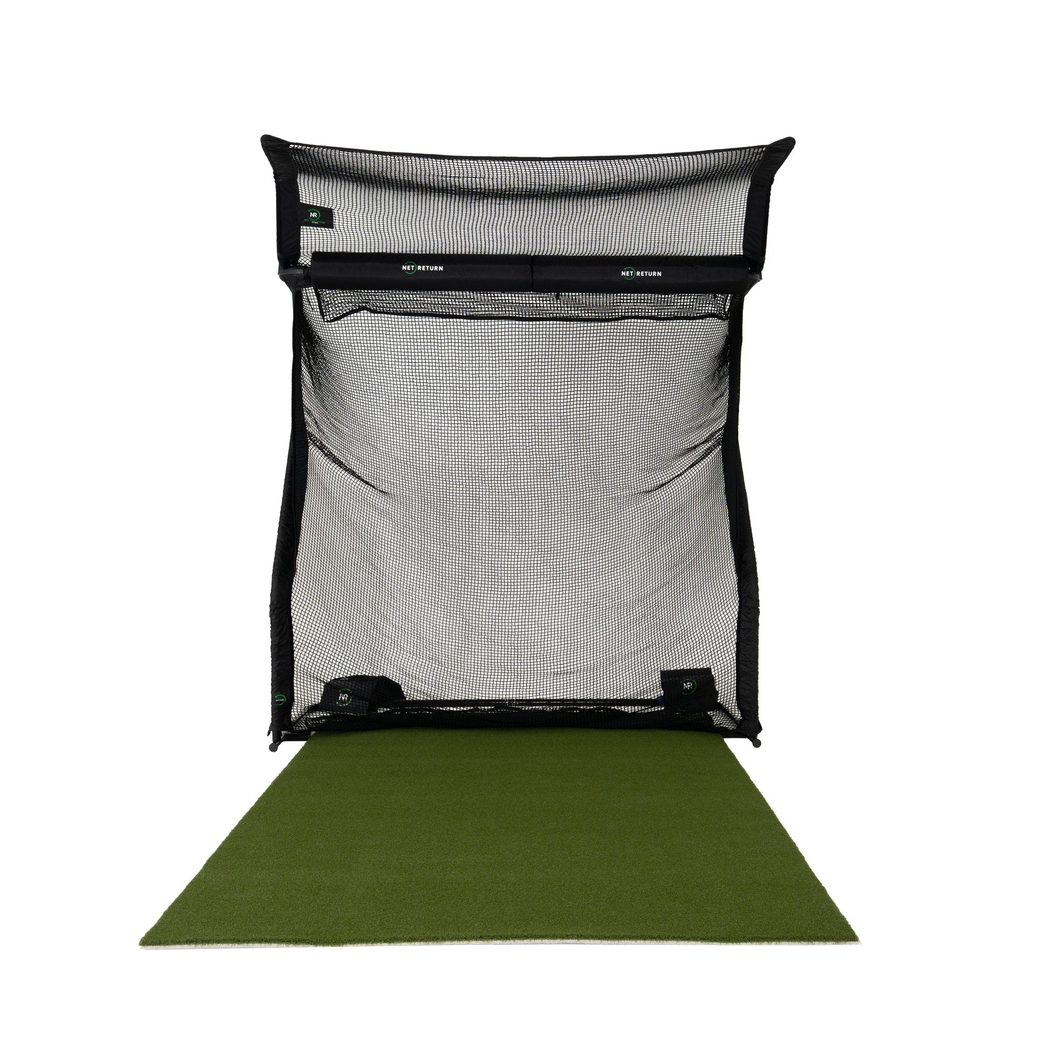 The Net Return Home Series golf net with the No Fly Zone and turf, front view
