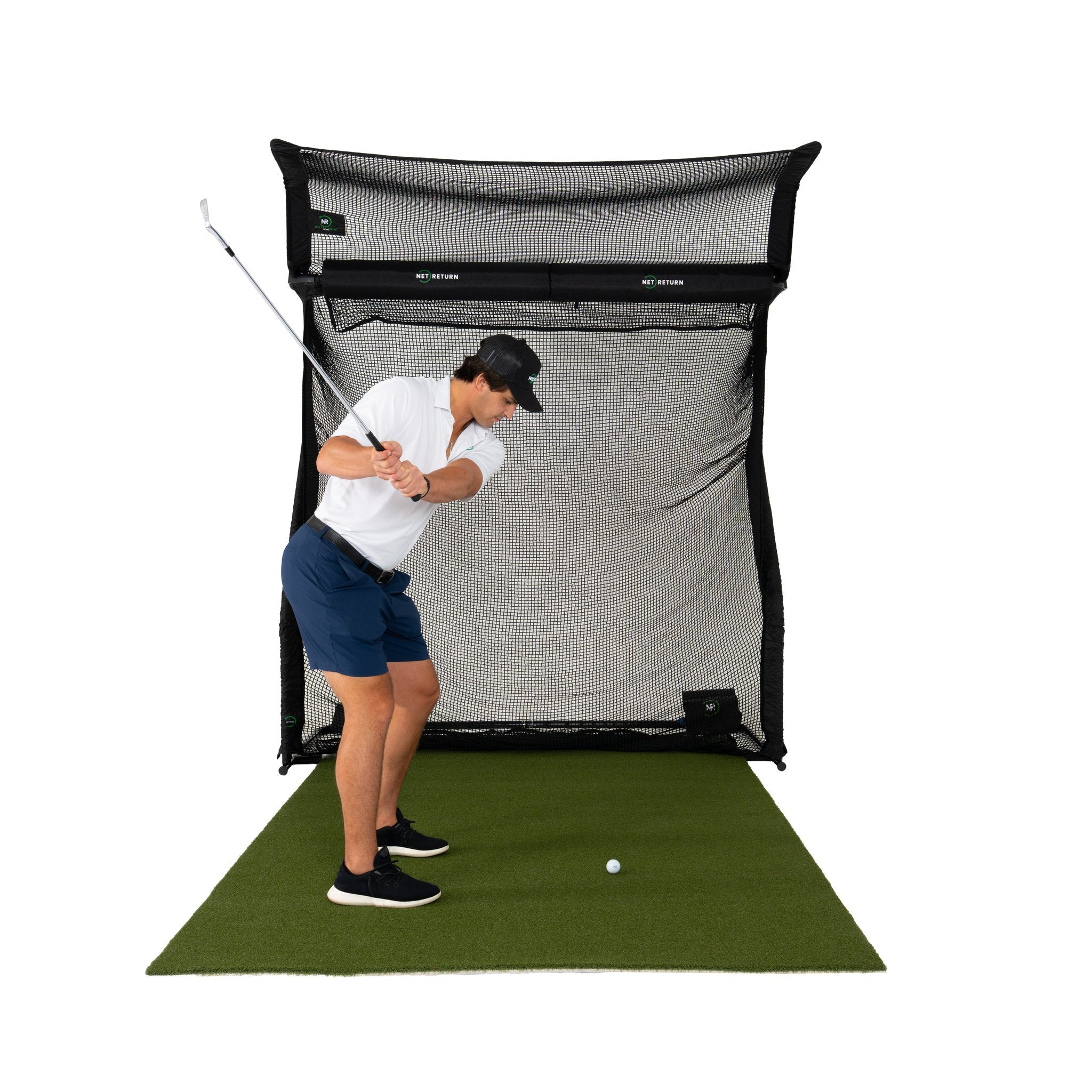The Net Return Home Series golf net with the No Fly Zone and turf, front view (lifestyle)