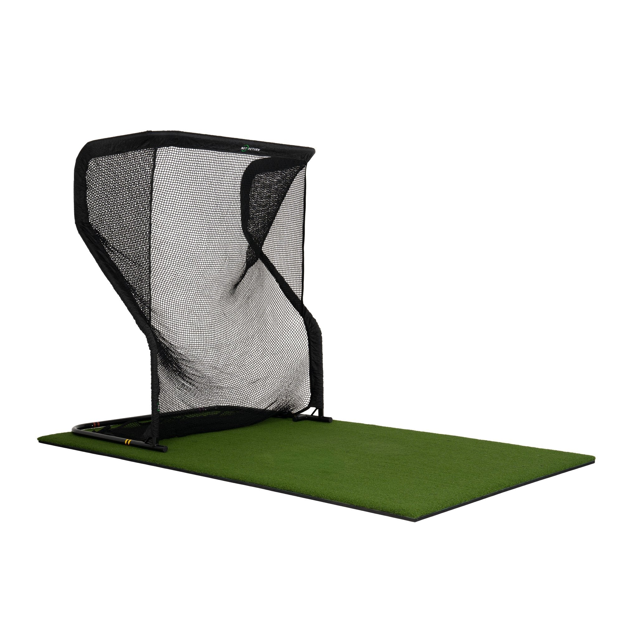 The Net Return Mini Pro golf net with turf, angled view