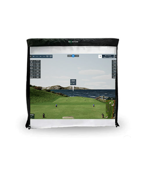 Golf simulator screen displaying a virtual seaside golf course with distance and game details.