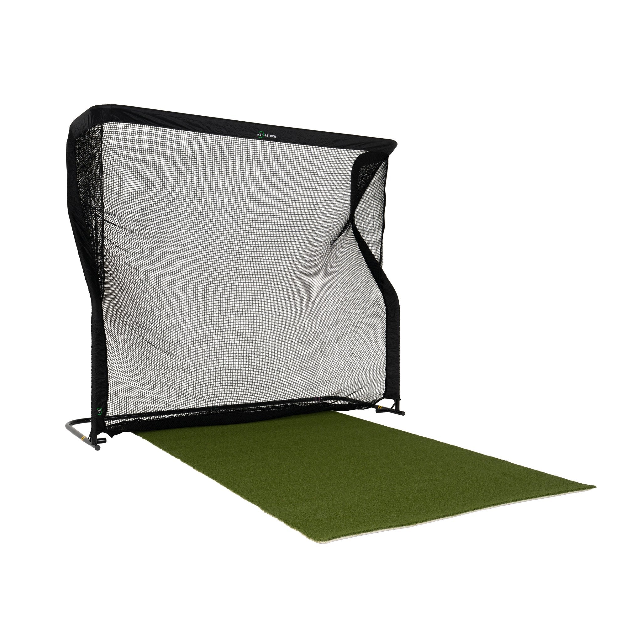 The Net Return Pro Series 9 golf net with turf, angled view