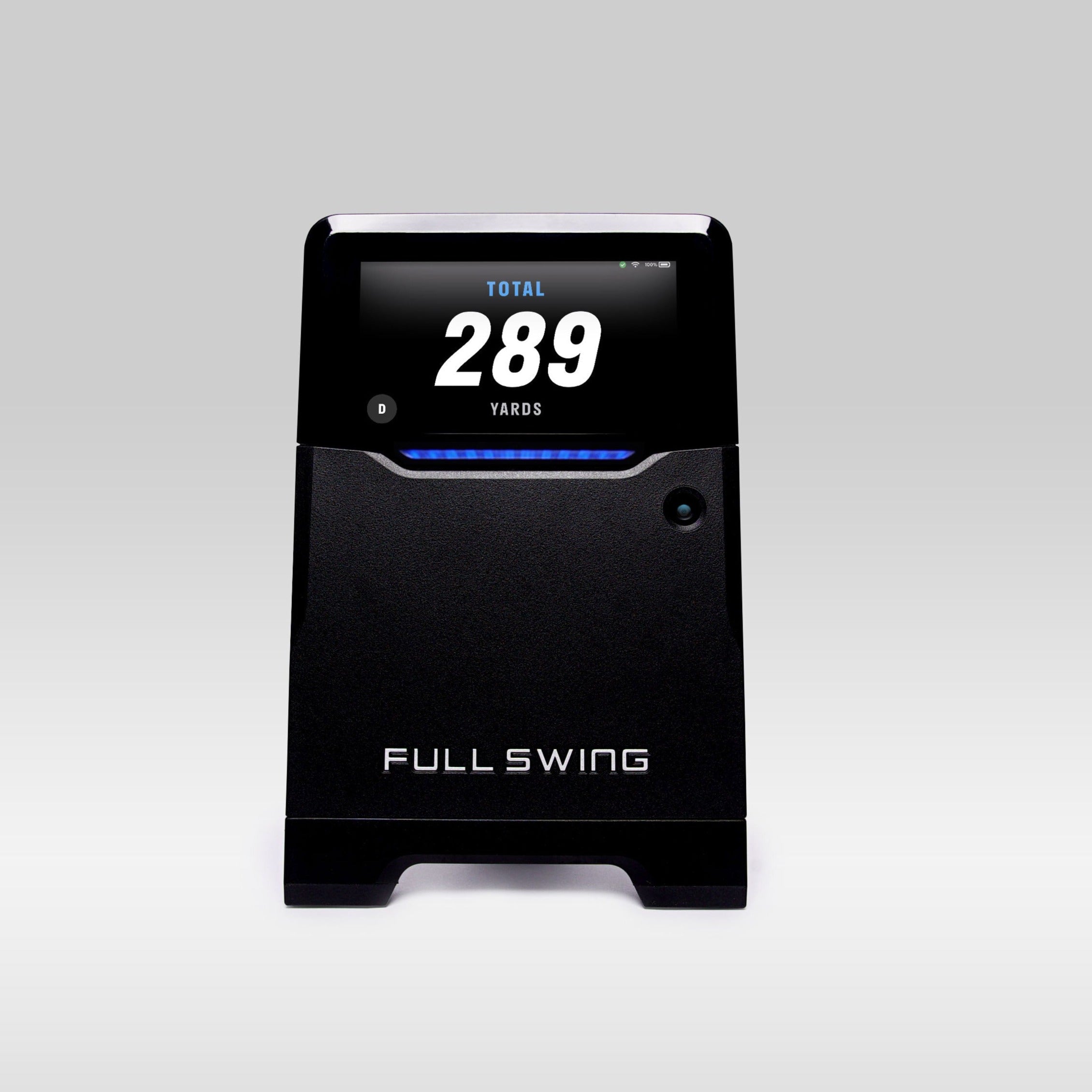 Black Full Swing golf launch monitor displaying "Total 289 Yards" on a gray background.