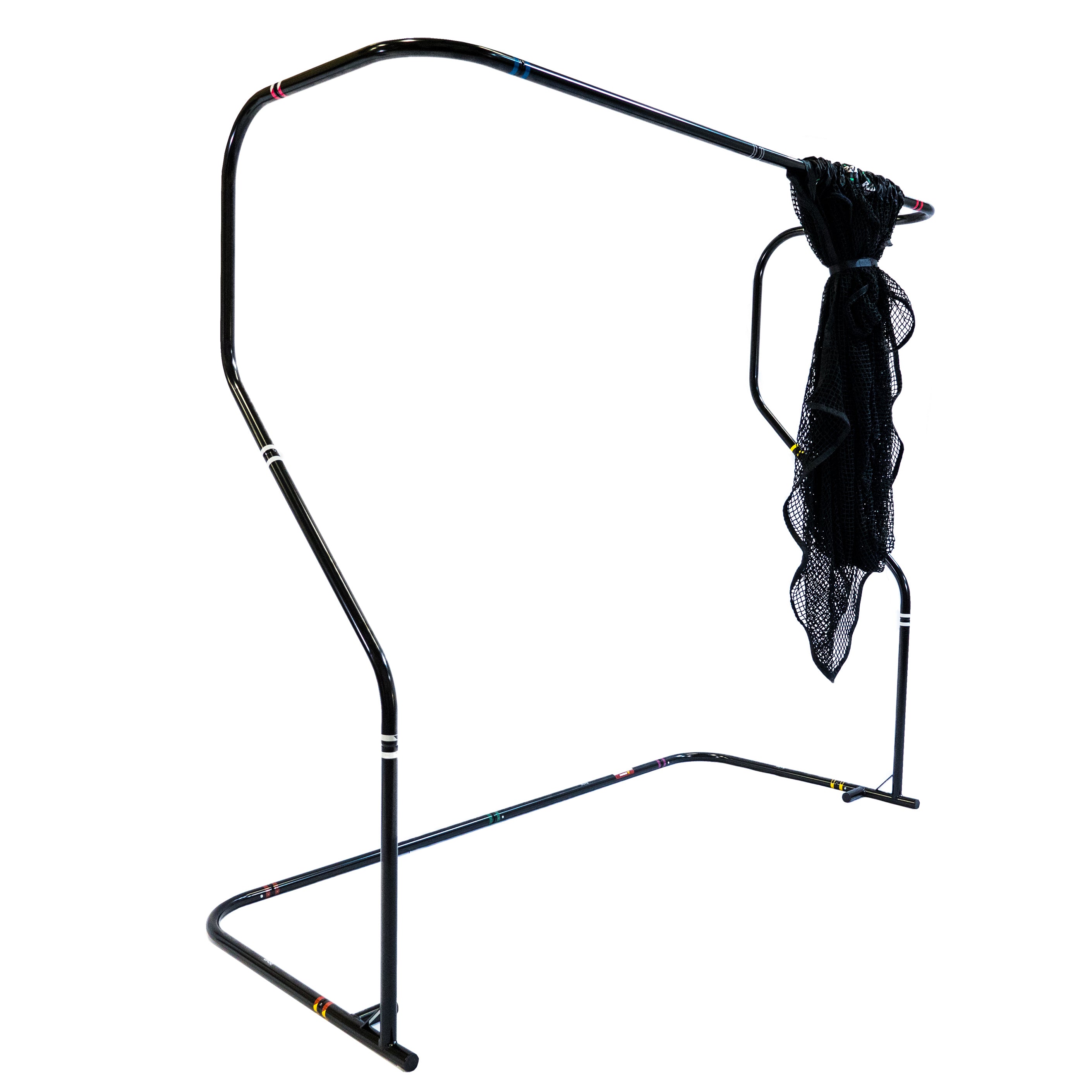 The Net Return Home Frame Kit is a black metal stand with a mesh net hanging from an extended arm, ideal for use as a home net or replacement frame kit, shown isolated on a white background.