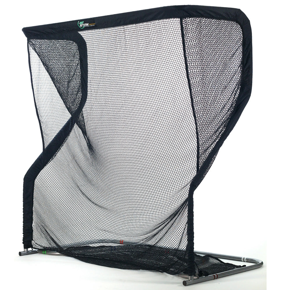 A black collapsible sports net with a metal frame, designed for practice or training use.