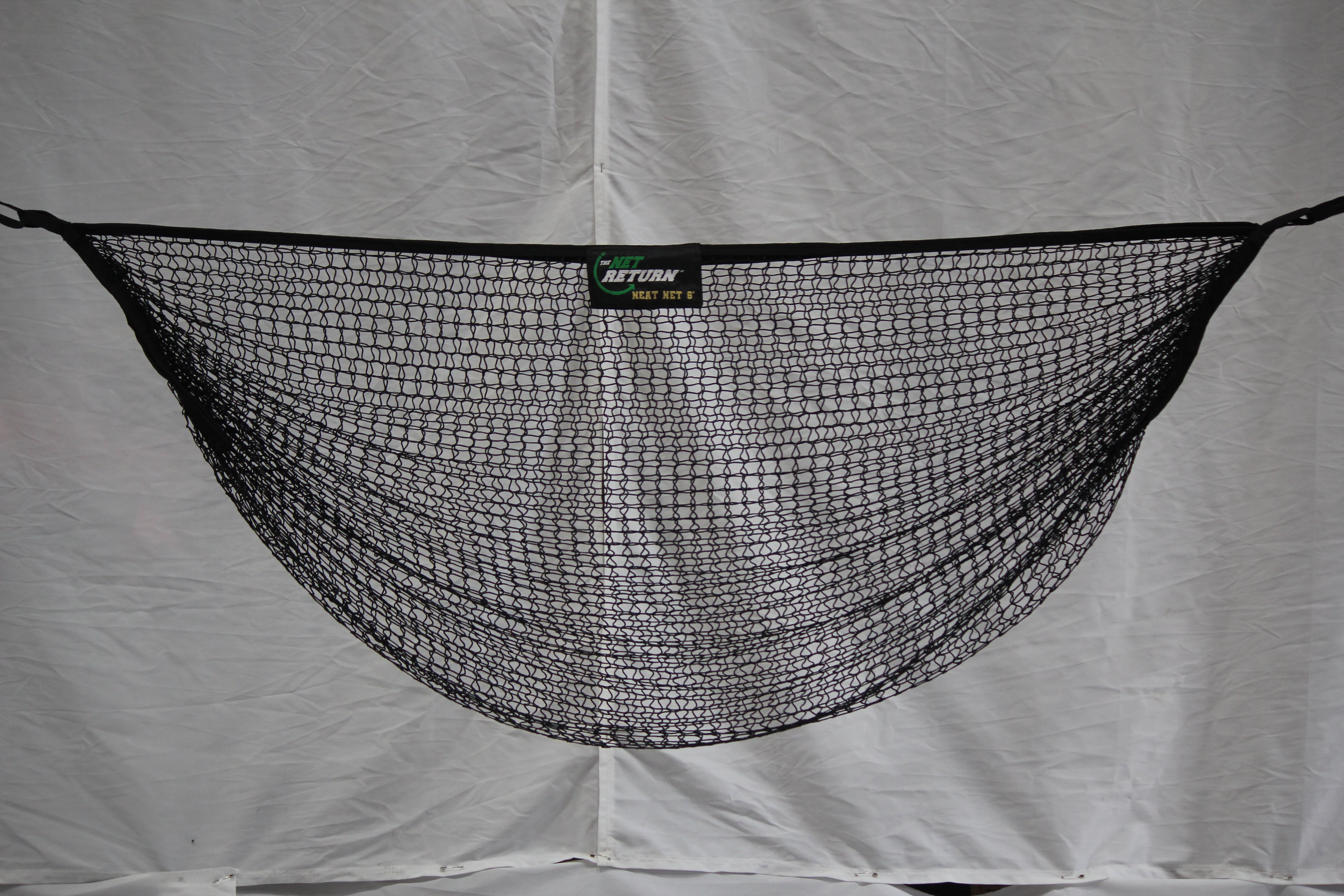 A black mesh net hangs against a white background.