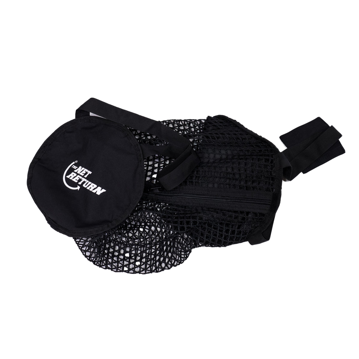 Black mesh net with a round carrying case labeled "Net Return.