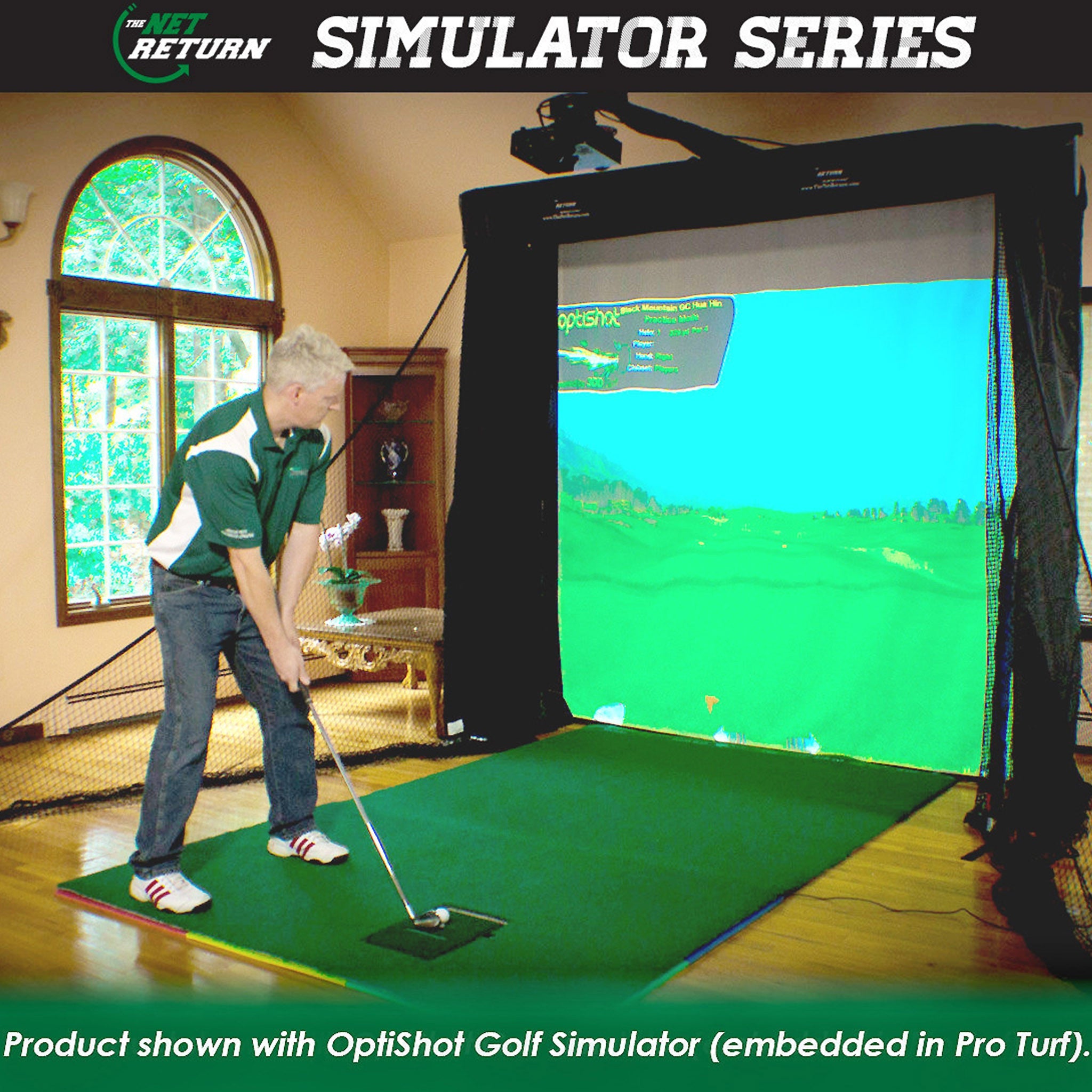 A person is using an OptiShot Golf Simulator indoors, standing on a green mat in front of a large screen displaying a golf course.