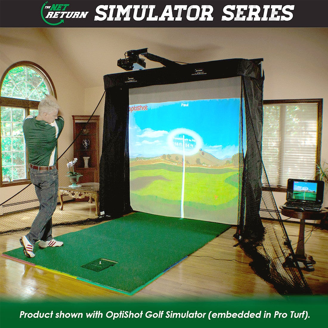 Person swinging a golf club indoors using an OptiShot Golf Simulator setup with a projection screen in a well-lit room.