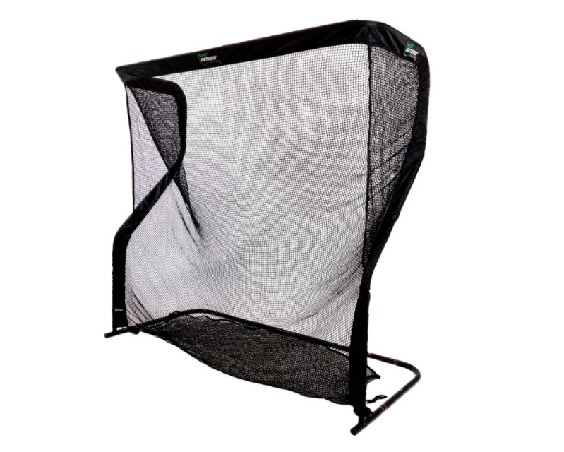 Black mesh golf practice net with a sturdy frame, designed for indoor or outdoor use.