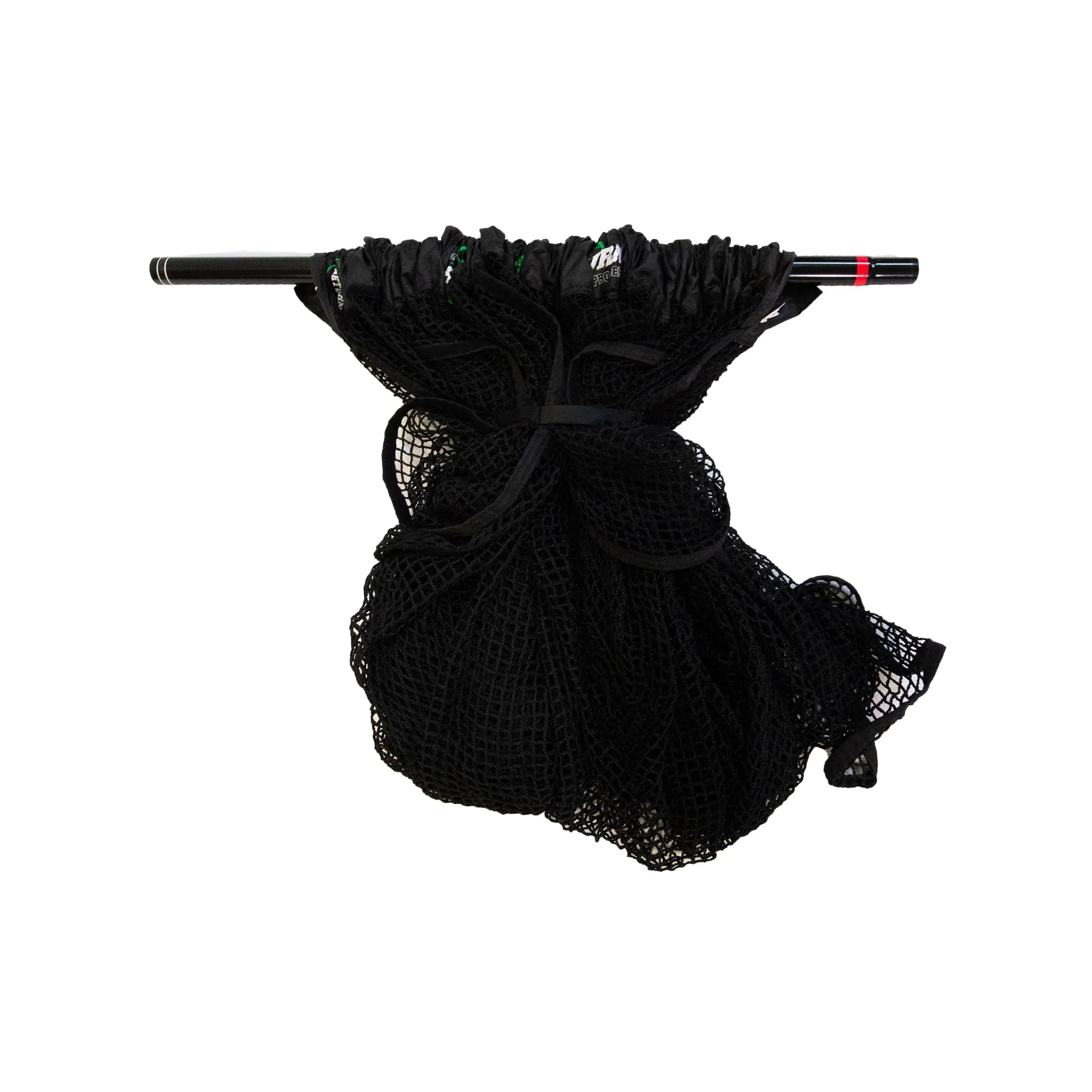 A tightly rolled Pro Replacement Net by The Net Return is secured with cords and attached to a horizontal black rod.