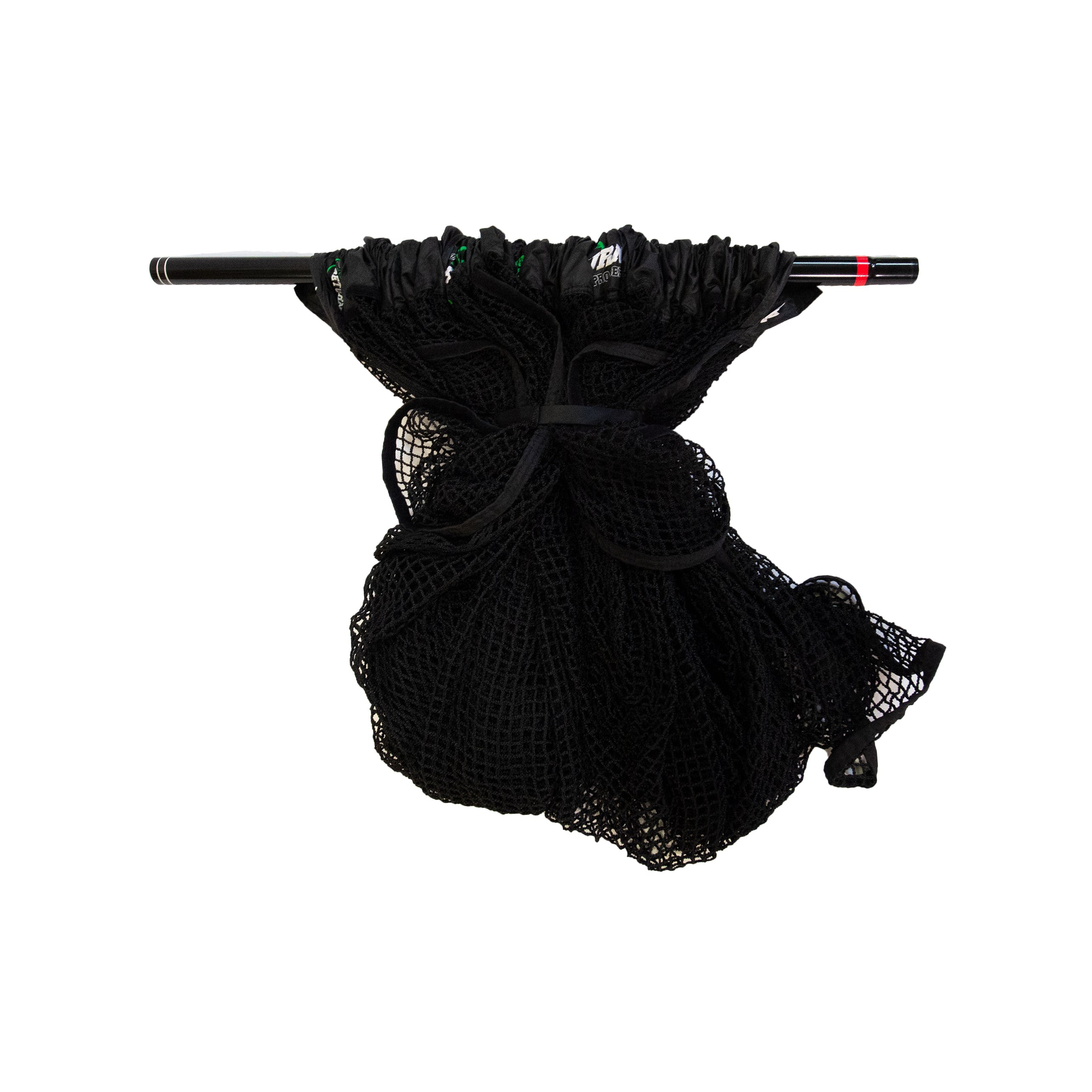 A black climbing rope bag with a netted design hangs over a metal rod against a white backdrop, highlighting the Pro 8, 9, 10 Replacement Net quality by The Net Return.