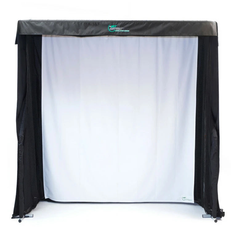 Portable golf practice net with a white target area, supported by a black frame and netting on the sides.