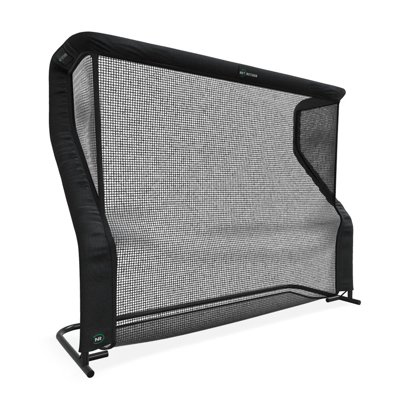 A large black net rebounder with a rectangular frame, designed for sports training, is positioned upright against a white background.