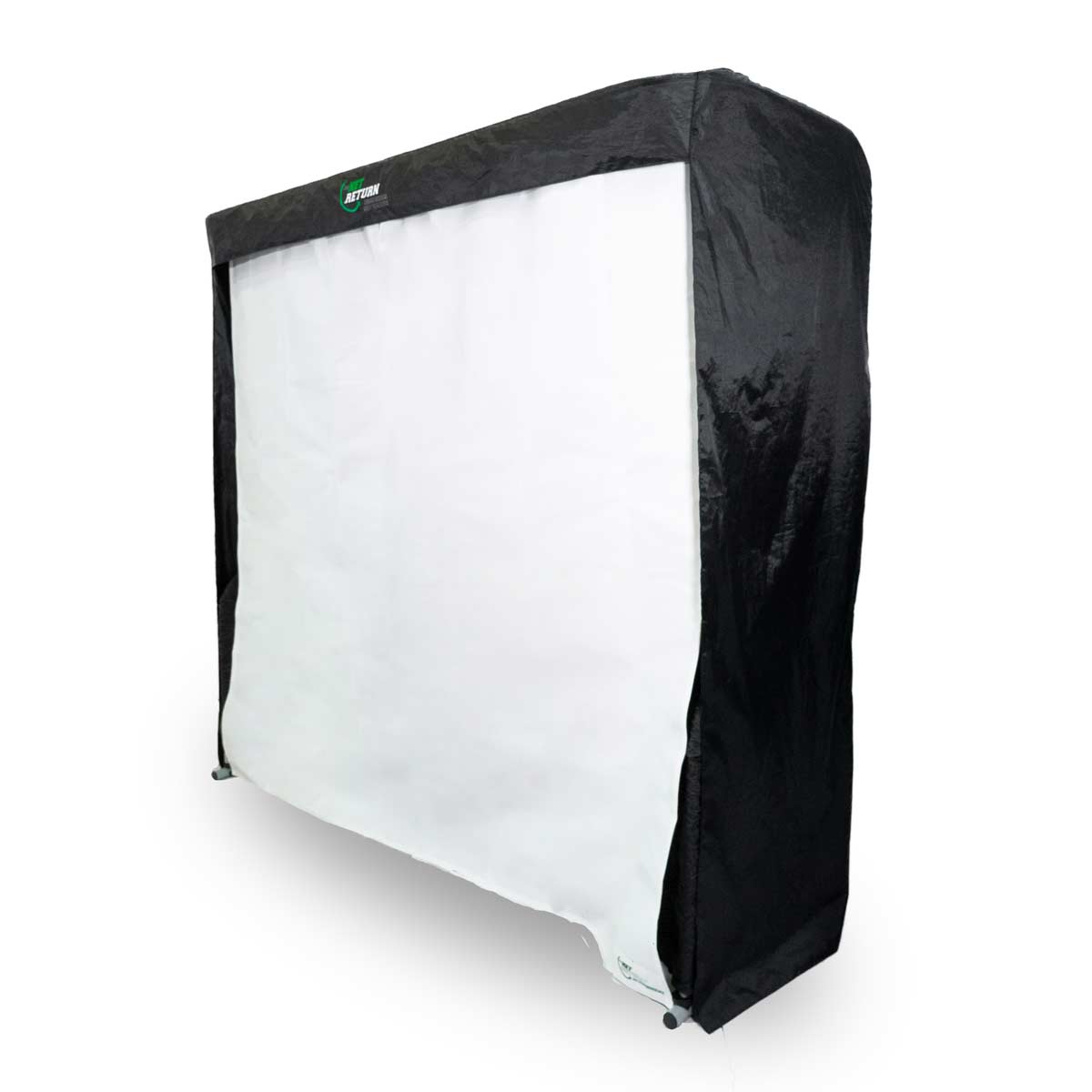 A large, portable photo or projection screen with a black border and white center, positioned upright.