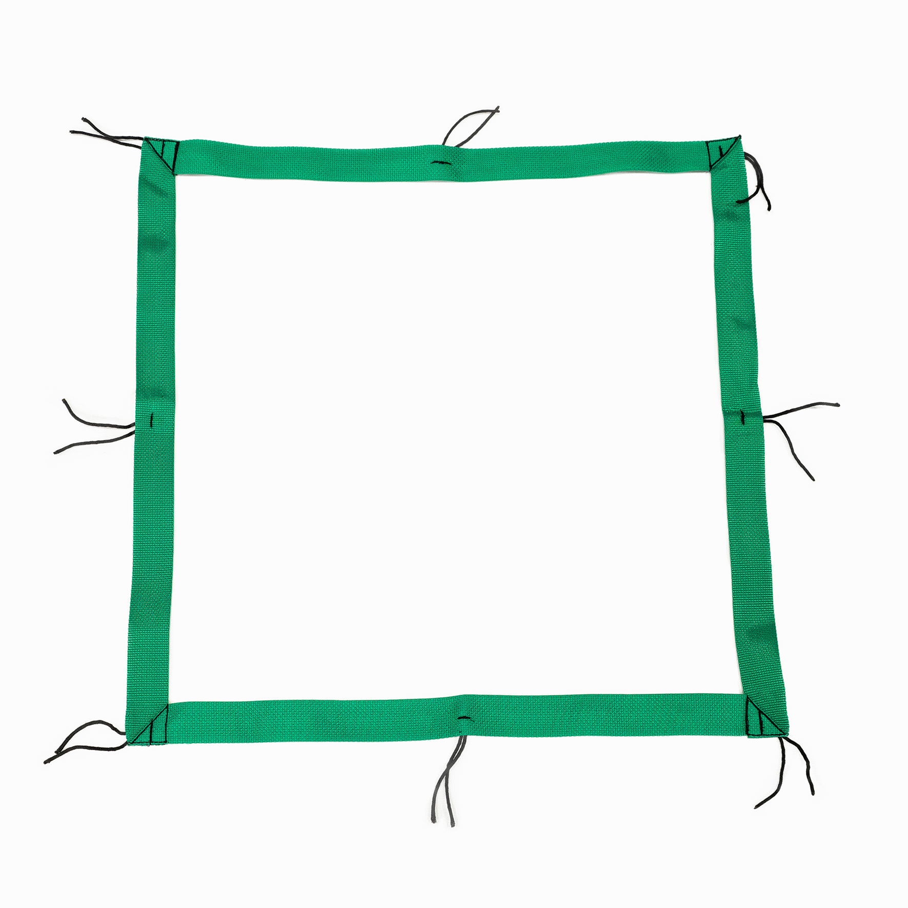 A green square border with black ties at the corners and sides on a white background.