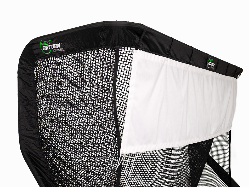 Close-up of a black netted sports enclosure with a white top banner and green text.