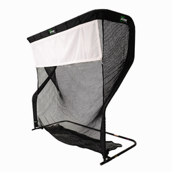 A black practice net with a white target area, supported by a metal frame.