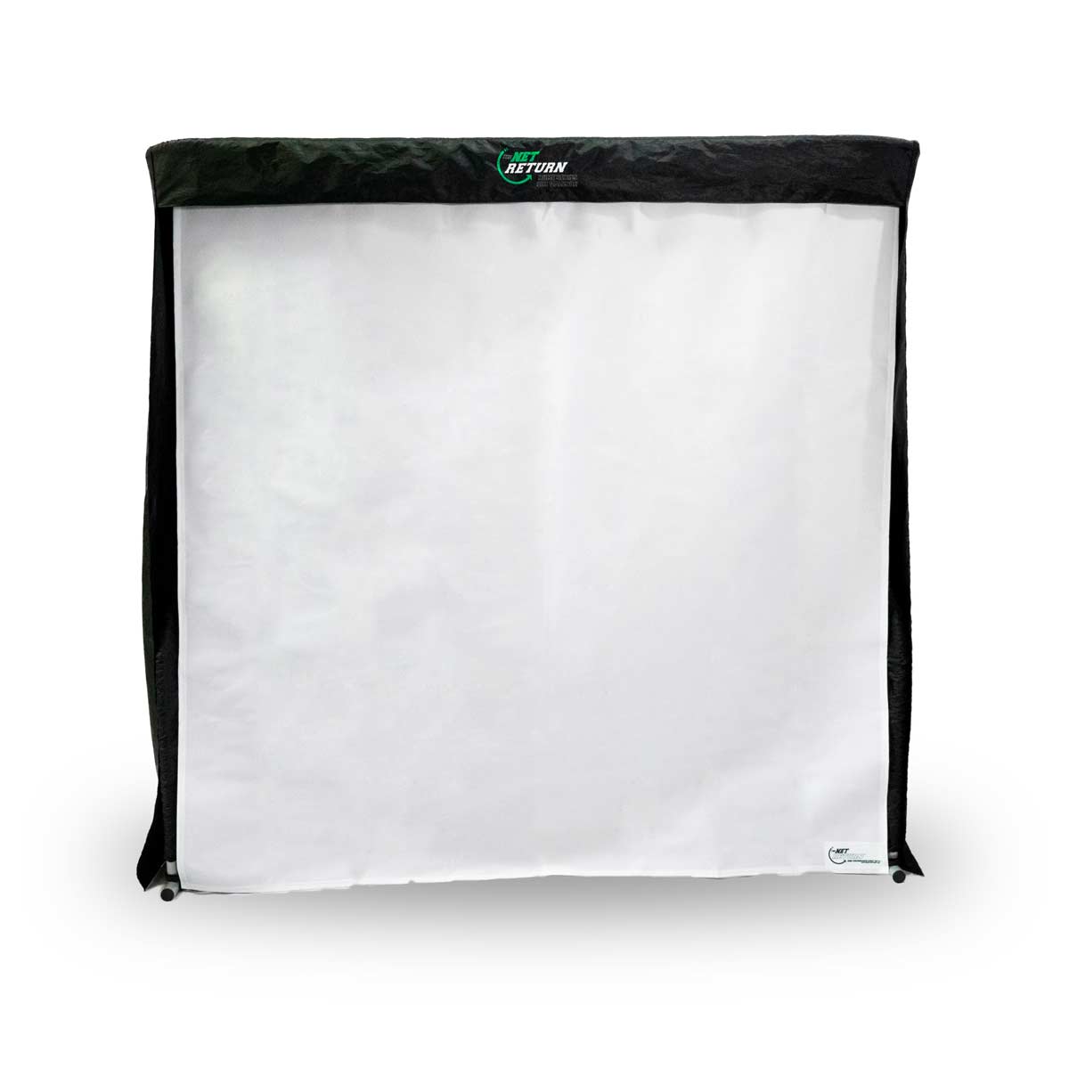 A large, portable white net with a black frame, designed for catching or returning balls in sports practice.