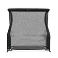 Black sports net with a sturdy frame, designed for practicing ball returns, against a white background.