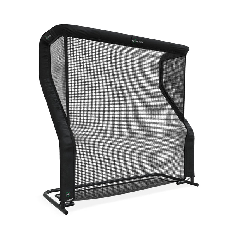 A black, free-standing sports net with a rectangular frame and curved upper corners, designed for practicing shots and catches.