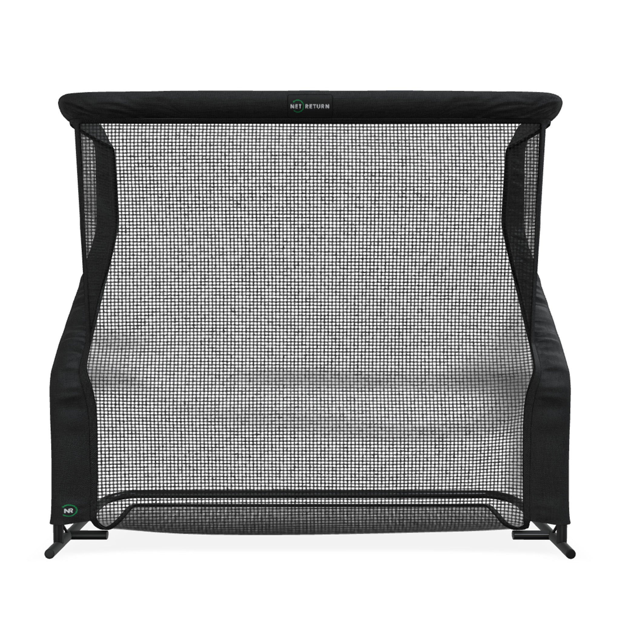 A black golf ball return net with a square frame and mesh netting.