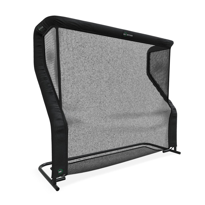 A large black sports net with a sturdy frame and angled sides, designed for returning balls, stands upright against a white background.