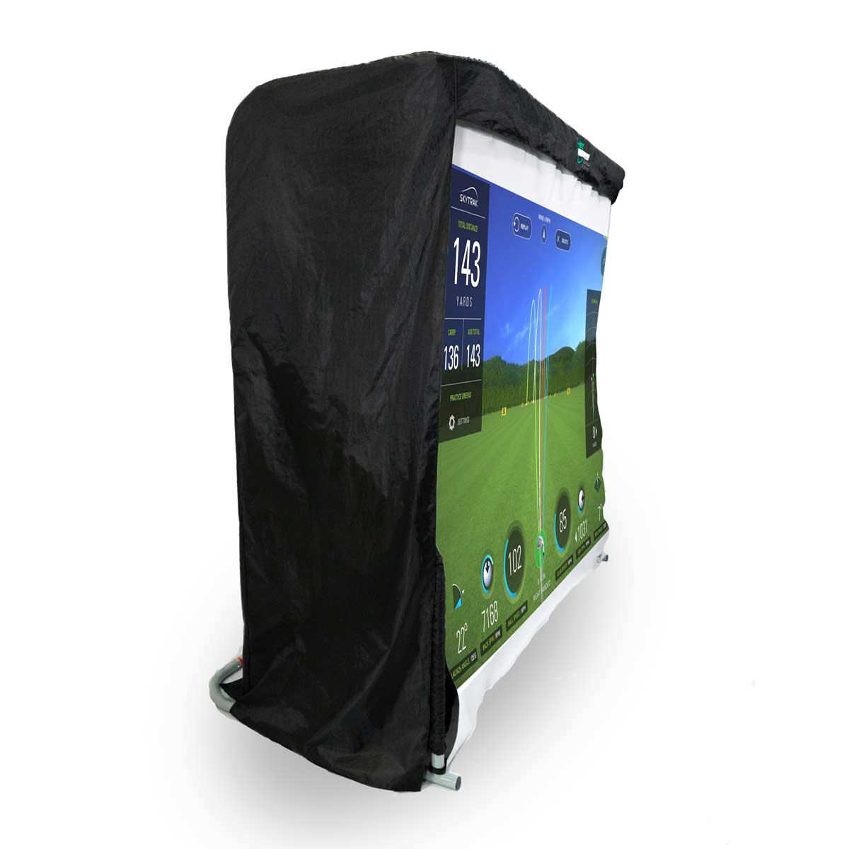 A golf simulator screen with a black protective cover partially removed, displaying a virtual golf course and statistics.