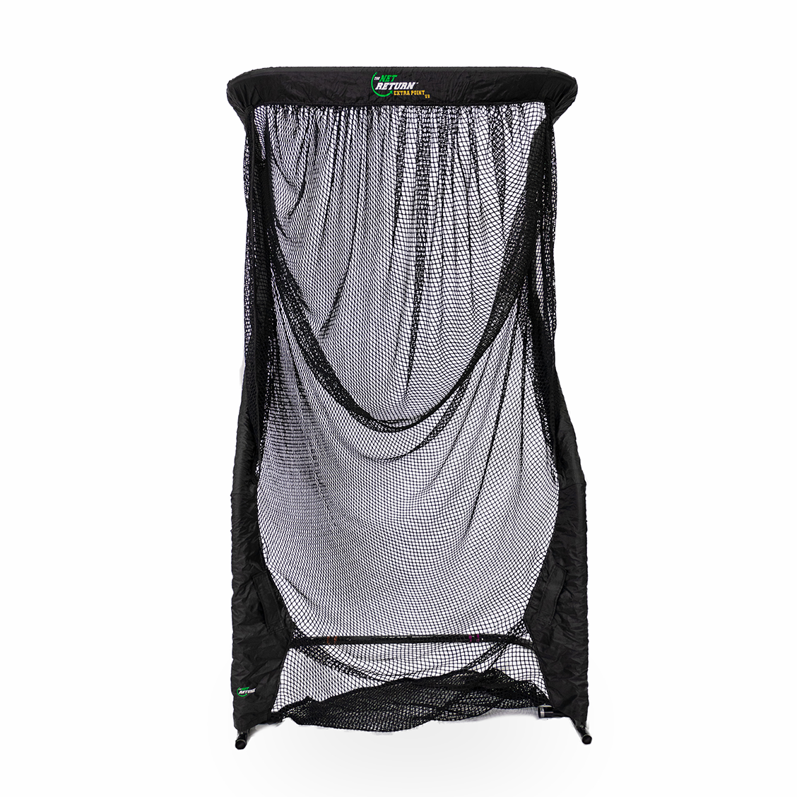 A black netting structure with a flat, rectangular top and flowing sides, suitable for sports or outdoor activities, is displayed against a white background.