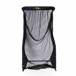 A black netting structure with a flat, rectangular top and flowing sides, suitable for sports or outdoor activities, is displayed against a white background.