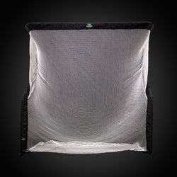 A large, freestanding black net with a white mesh grid, set against a dark background.