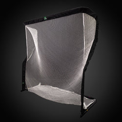 A black and white sports net with a sturdy frame against a dark gradient background.