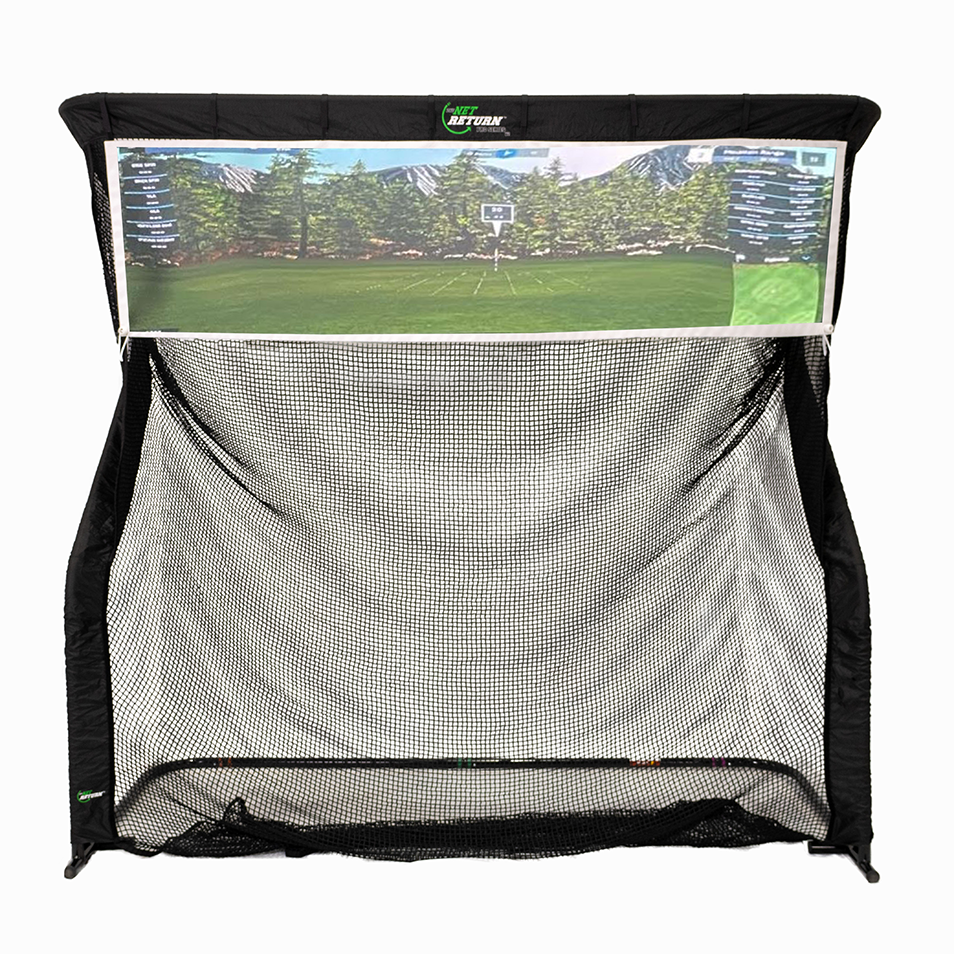 The Net Return Split Screen Accessory (net not included) features a printed green field and trees, ideal for golf simulator screens or hitting drills. Screens are not returnable.