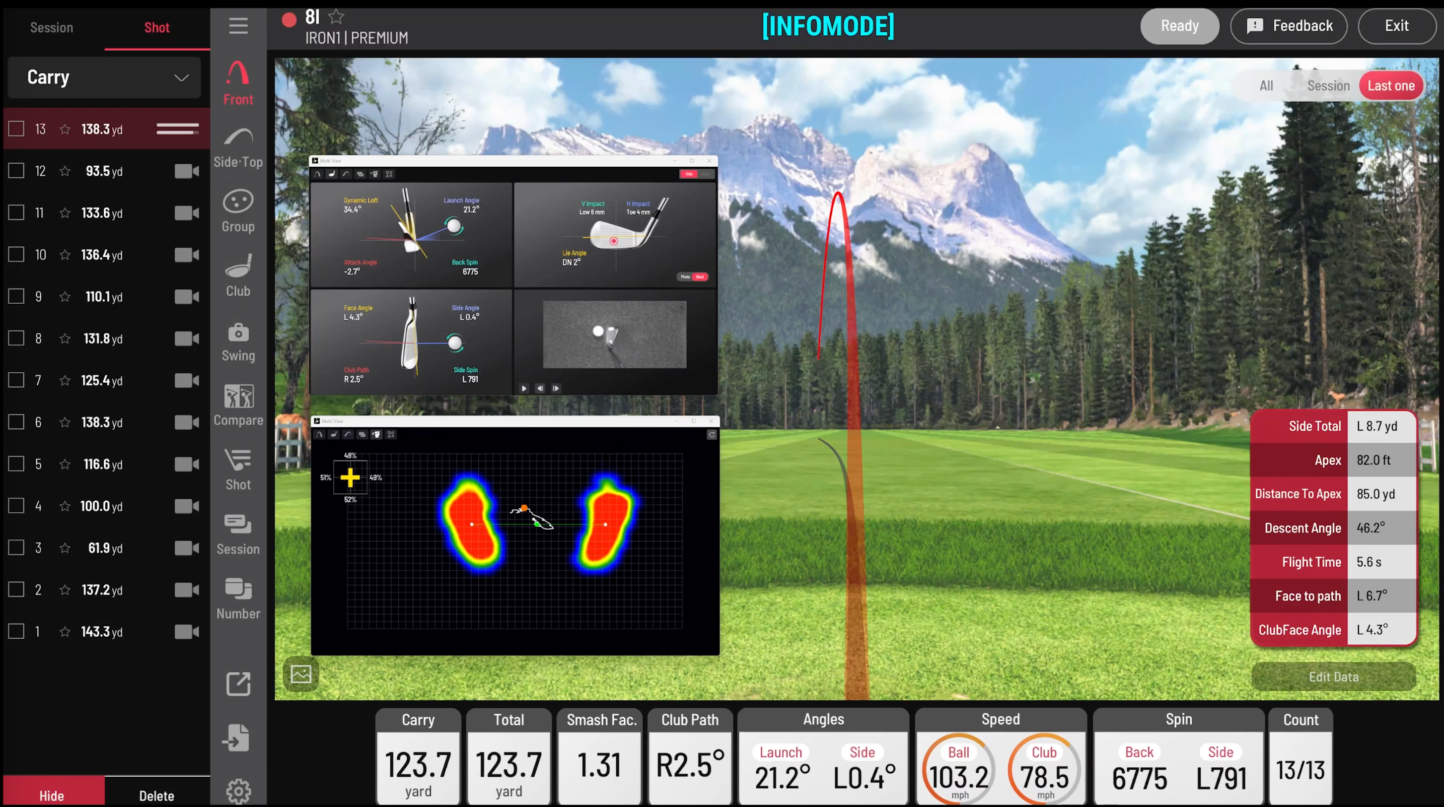 Golf simulator screen showing club and ball data. A red trajectory arc overlays a green field with mountains in the background. Data includes carry distance, smash factor, angle, and speed.