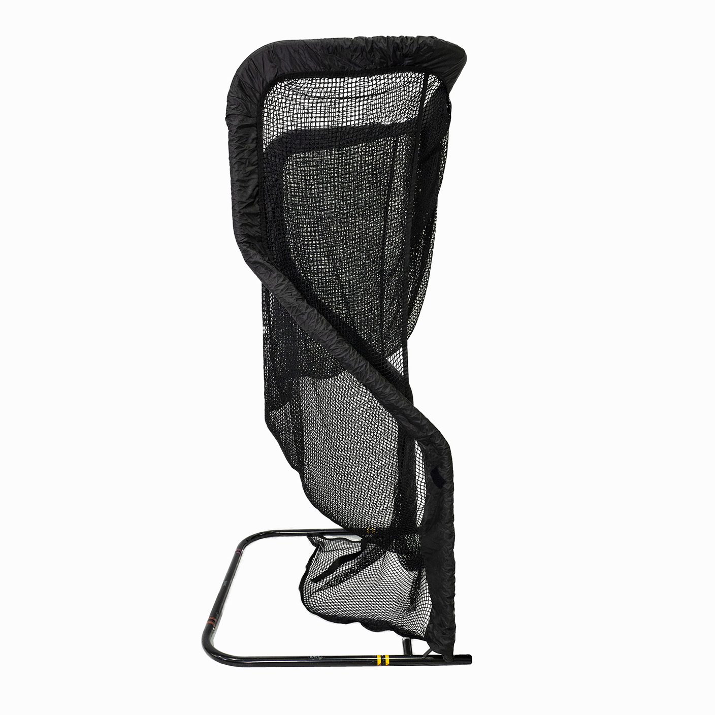 A side view of a folded, upright black sports net with a metal frame against a white background.