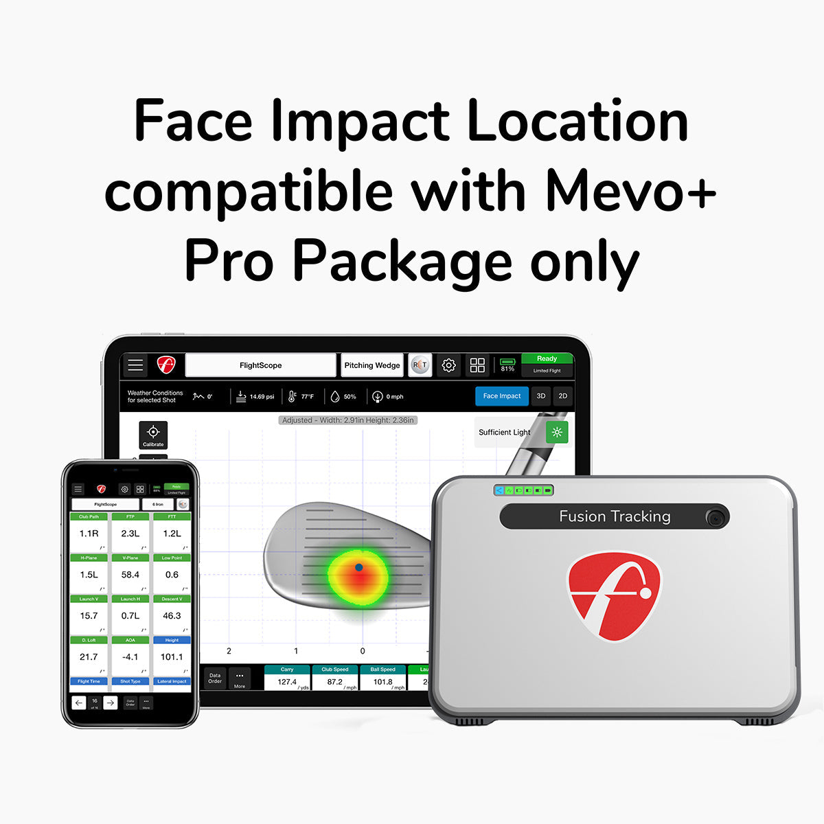 Unlock the full potential of the FlightScope Golf Mevo+ Pro Package with Face Impact Location. Enjoy seamless compatibility as your phone, tablet, and sensor harmonize with precise graphics and data to elevate your performance.