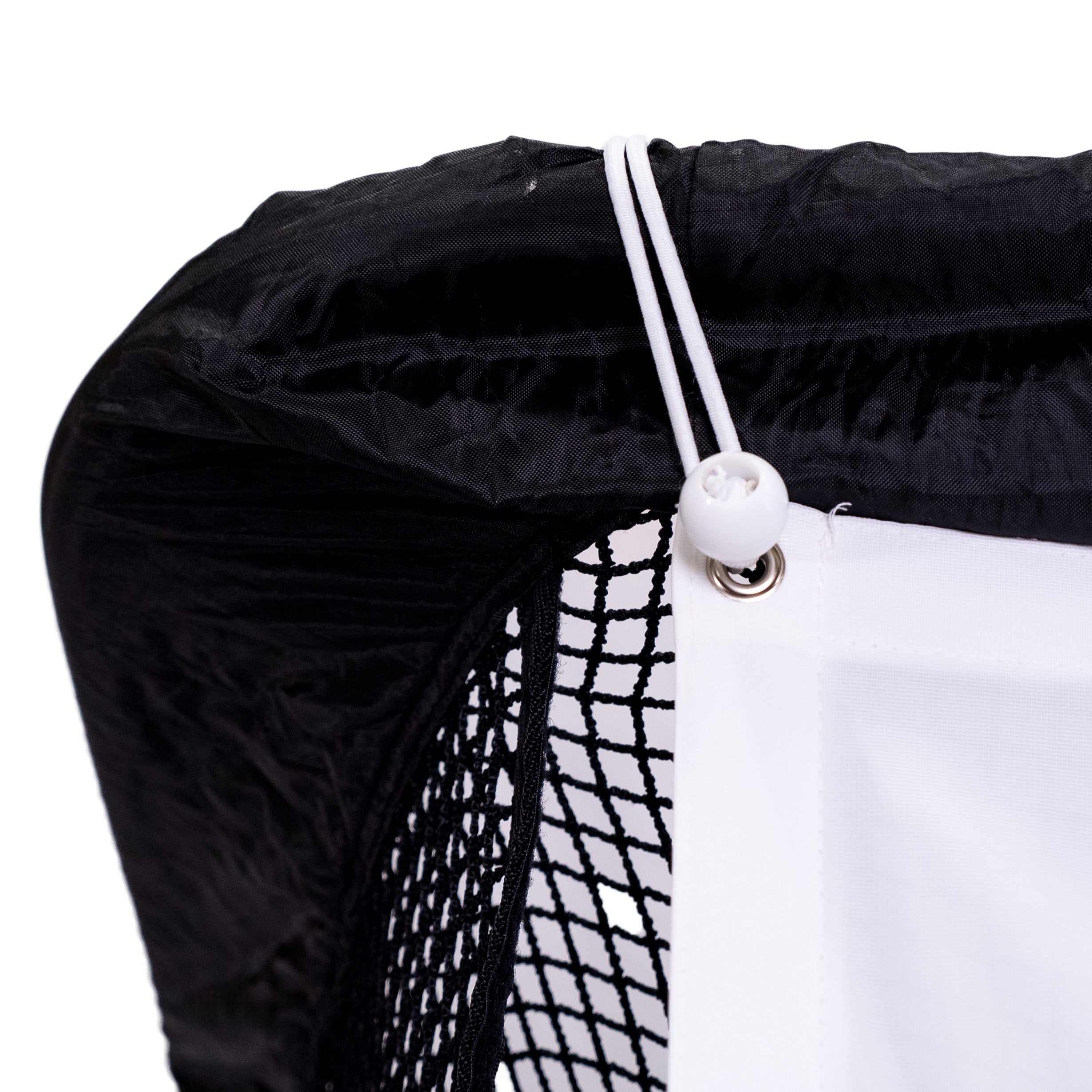 Close-up of a black fabric and mesh sports bag with a white drawstring and toggle closure.