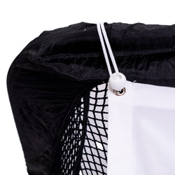 Close-up of a black fabric and mesh sports bag with a white drawstring and toggle closure.