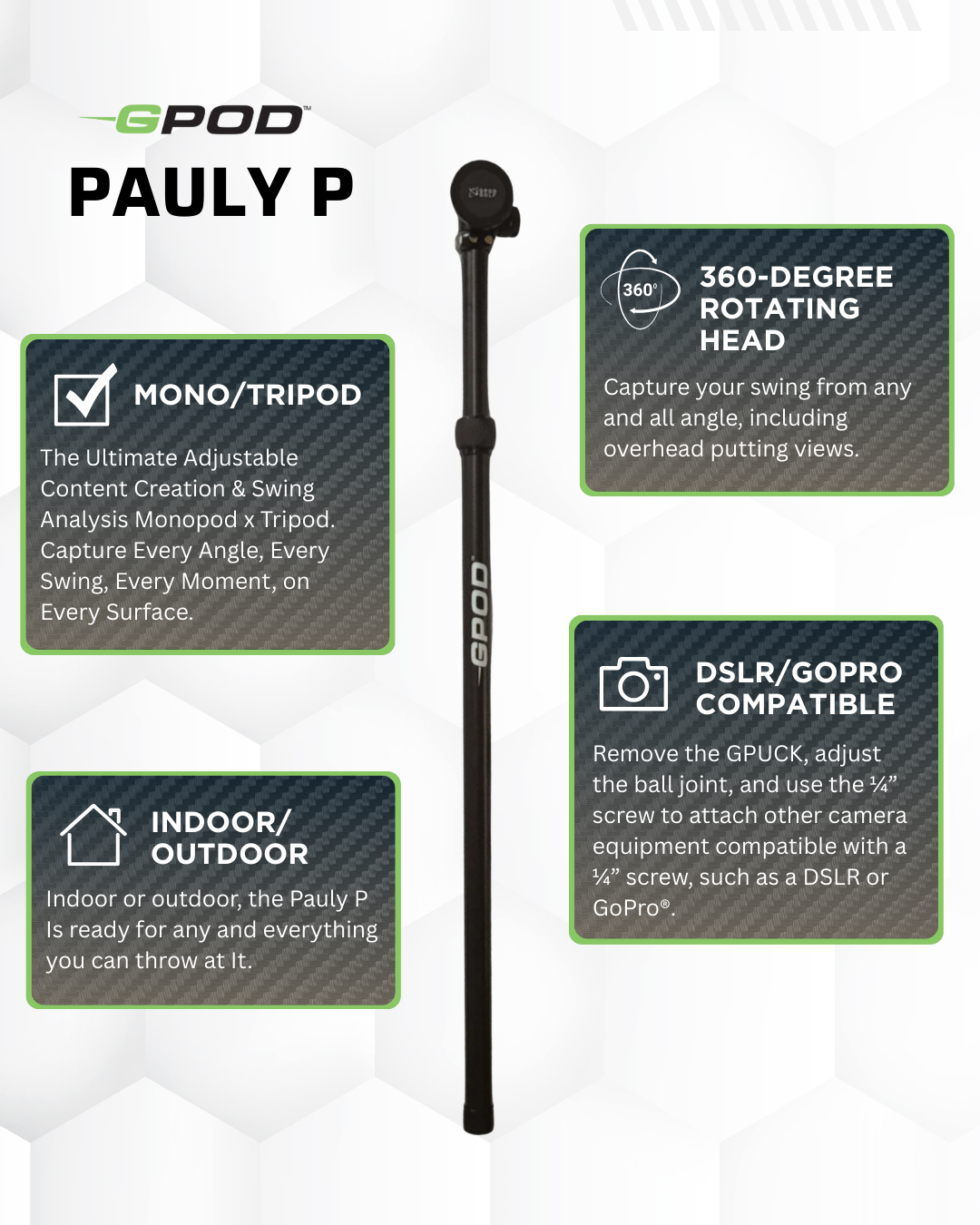 The GPOD GOLF GPOD Pauly P is a black adjustable tripod/monopod with rotating head, ideal for indoor/outdoor use, compatible with DSLR and GoPro, with optional magnetic phone mount—perfect for convenient golf swing analysis.