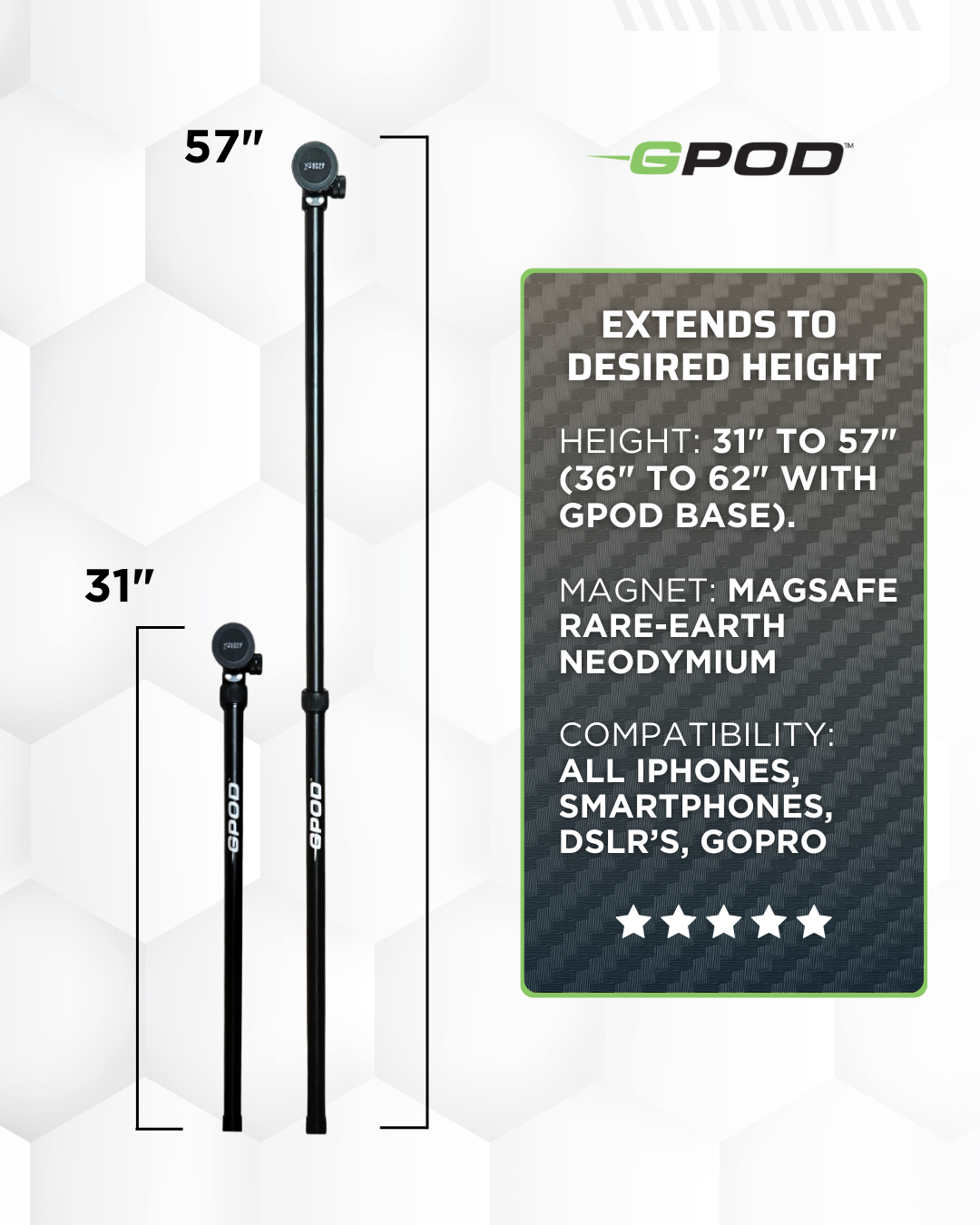 Two black GPOD GOLF GPOD Pauly P adjustable tripods are shown at 31" and 57", featuring a magnetic phone mount for golf swing analysis, MagSafe compatibility, and support for phones, cameras, and GoPros.